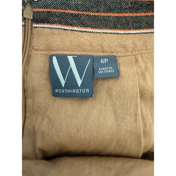 Worthington Linen Blend Wrap Skirt 6P Brown Orange Striped Midi Lined - Picture 8 of 9